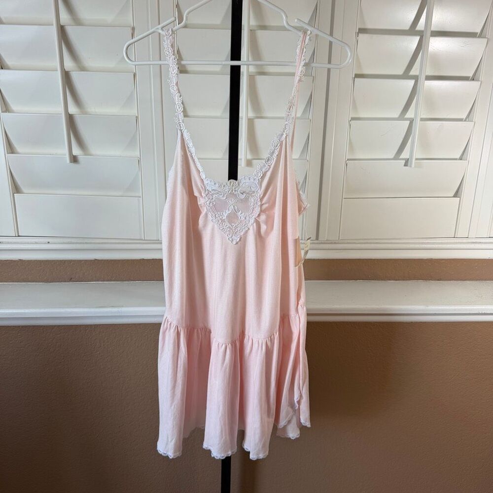 Vintage Circa 2000 Pink Slip Dress Nightgown Lace Trim Cottagecore Soft Girl XL